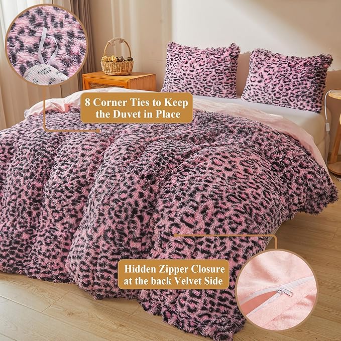 XeGe Cheetah Print Fluffy Faux Fur Duvet Cover Set, 3 Pieces Soft Plush Shaggy Fuzzy Bedding Set(1 Faux Fur Leopard Print Comforter Cover + 2 Furry Pillow Cases), Zipper Closure(King, Black and Pink)