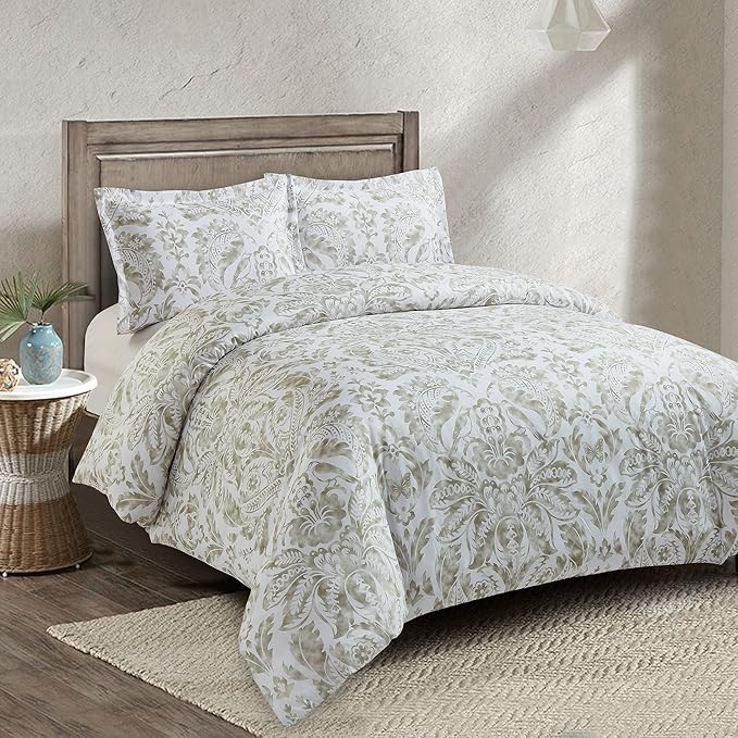 Style Quarters Duvet Cover King Size, 3 Pcs Floral Duvet Covers with Zipper Closure, 100% Polyester Bedding Set, Comforter Cover with Gray Baroque Pattern Include 1 Duvet Cover and 2 Pillow Shams