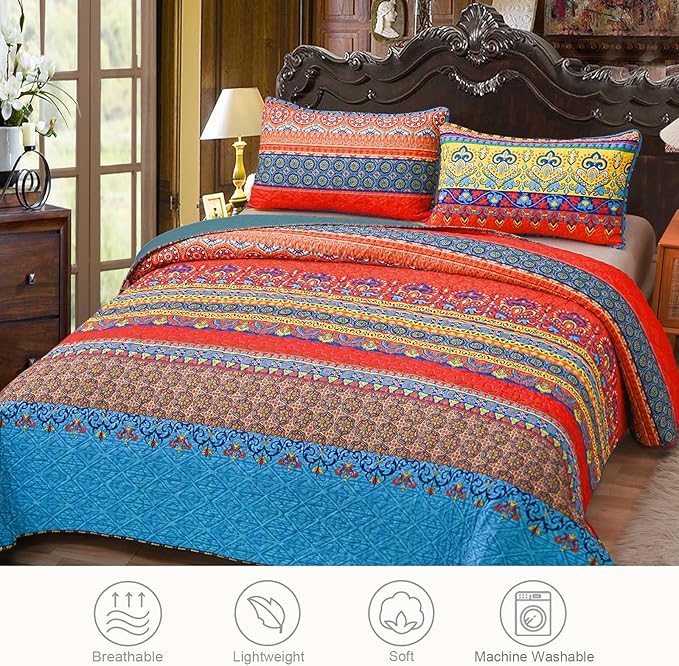Exclusivo Mezcla Reversible Boho Quilts King Size, Blue Bedspreads Lightweight Coverlet All Season Bohemian Quilt Bedding Set with Printed Floral Pattern (1 Quilt, 2 Pillow Shams)
