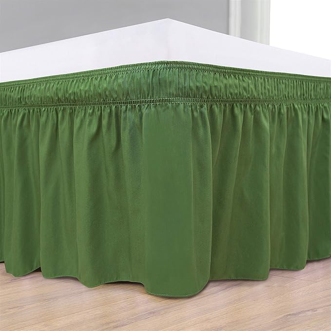 Wrap Around Bed Skirts Elastic Dust Ruffles, Easy Fit Wrinkle and Fade Resistant Silky Microfiber Fabric Solid Color Bedskirt, 12 Inch Tailored Drop Sage for King Size Bed Skirt