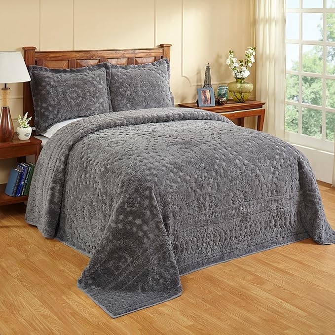 Better Trends 1 Piece Chenille Bedspread Full/Double Size 100% Cotton Chenille Bedding Lightweight Medallion Pattern Bedroom Decor Rio Collection