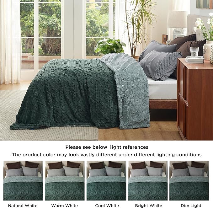 Bedsure Gentlesoft Sherpa King Size Blanket for Bed- Fleece Fluffy & Cozy Cable Jacquard Tufted for Women Gift, Thick and Warm Christmas Blanket for Winter, Dark Green, 108x90 Inches
