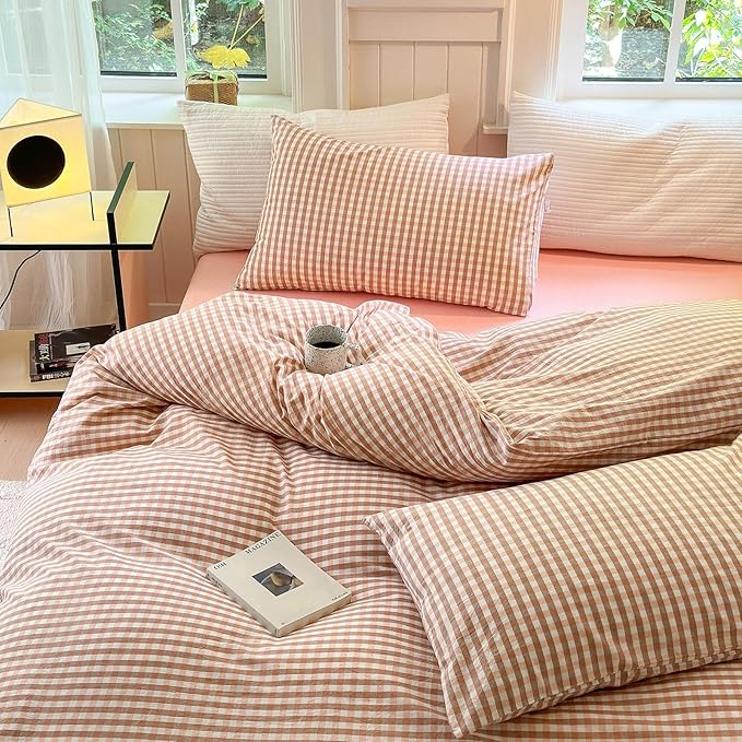 LifeTB Pink Gingham Duvet Cover Twin 3 Pieces Pink Plaid Duvet Cover 100% Washed Cotton Bedding Boho Coral Grid Comforter Cover Farmhouse Checkered Gingham Bedding Set with 2 Pillowcases