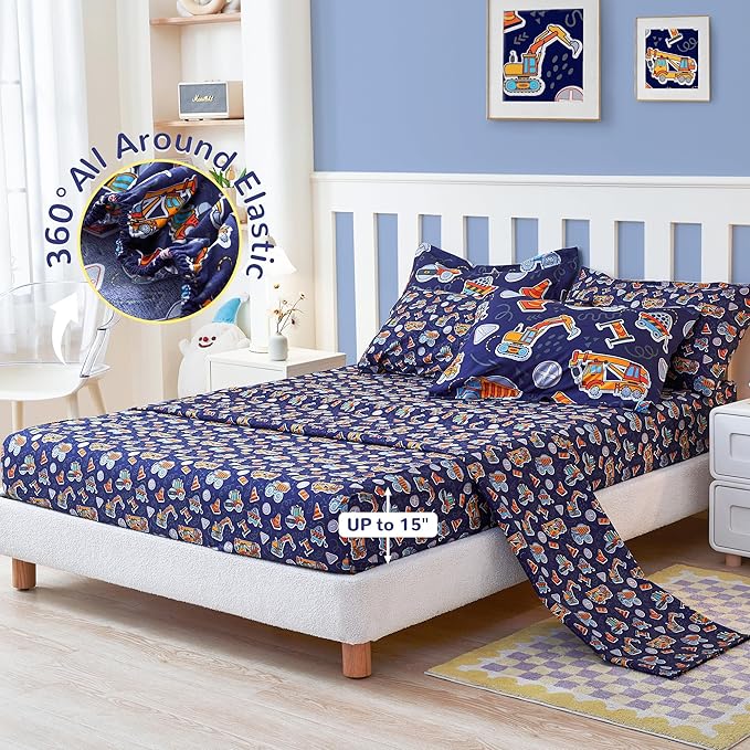 Viviland Kids Twin Bedding Sets for Boys, Soft Twin Comforter Set with Sheets, 5 Pieces Microfiber Bed in a Bag, Navy Blue Tractor