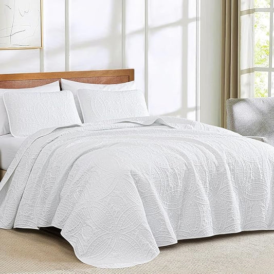 Chezmoi Collection Austin 3-Piece Oversized Bedspread Coverlet Set (Queen, White) (Pack of 6)