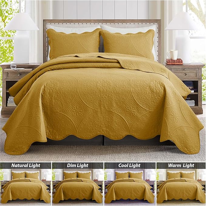 MOONLIGHT20015 California King Quilt Bedding Set Size (118"x106") + 2 Pillow Shams (20" x 36"+ 2") - 3 Pcs All Season Reversible Microfiber Coverlet Embossed Floral Quilt Bedspread (Ochre)