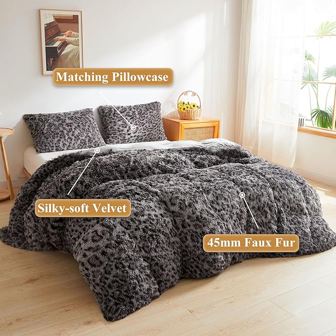 XeGe Cheetah Print Fluffy Faux Fur Duvet Cover Set, 2 Pieces Soft Plush Shaggy Fuzzy Bedding Set(1 Faux Fur Leopard Print Comforter Cover + 1 Furry Pillowcase), Zipper Closure(Twin, Light Grey)