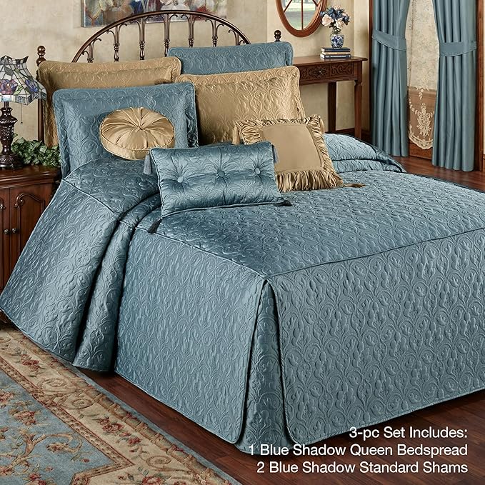 Cambridge Classic Luxury Bedding | Blue Shadow Solid Color Polyester Satin | Elaborate Damask Quilting | Fitted, Oversized 24 Inch Drop | 3 Piece Bed Set Includes Queen Bedspread & 2 Standard Shams