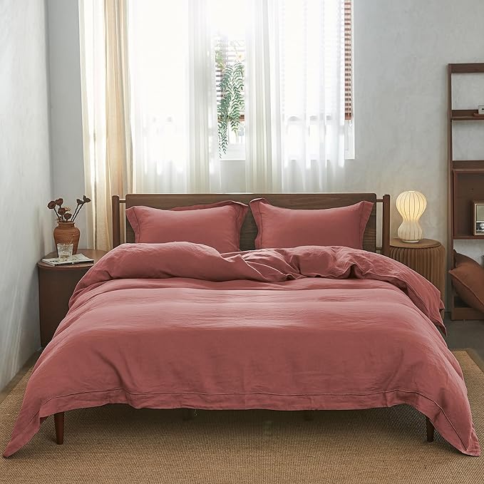 Simple&Opulence 100% Linen Duvet Cover Set with Embroidery Washed - 3 Pieces (1 Duvet Cover with 2 Pillow Shams) with Button Closure Soft Breathable Farmhouse - Coral Red, Queen Size