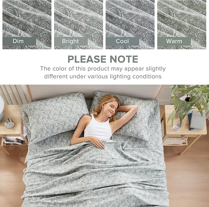 Comfort Spaces Extra Deep Pocket, 100% Cotton Queen Fits up to 24" Mattress, Breathable, Naturally Cool Cotton, Soft Cotton Sheets, All Seasons Sheet Set, Paisley 4 Piece