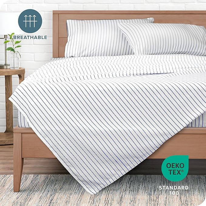 Bare Home Split King Sheet Set - 1800 Ultra-Soft Microfiber Split King Bed Sheets - Double Brushed - Deep Pockets - Easy Fit - 5 Piece Set - Bed Sheets (Split King, Pinstripe - White/Midnight)