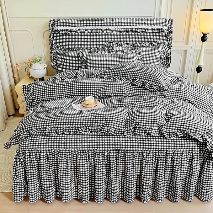 LifeTB Black Gingham Comforter Set King Ruffle Checkered Plaid Comforter Set 3 Pieces Boho Grid Bed Comforter with 2 Pillowcases Fluffy Soft Vintage Checkered Lightweight Gingham Bedding Set King
