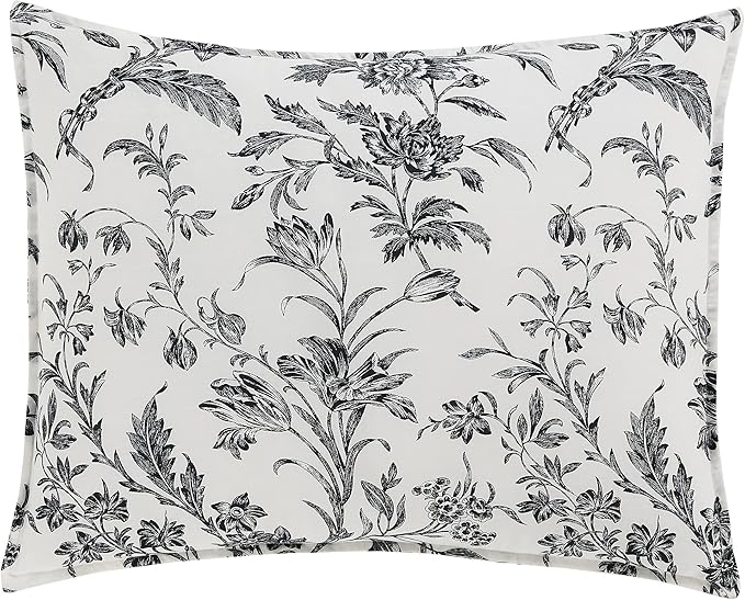 Laura Ashley - King Comforter Set, Reversible Cotton Bedding, Includes Matching Shams with Bonus Euro Shams & Throw Pillows (Amberley Black/White, King)