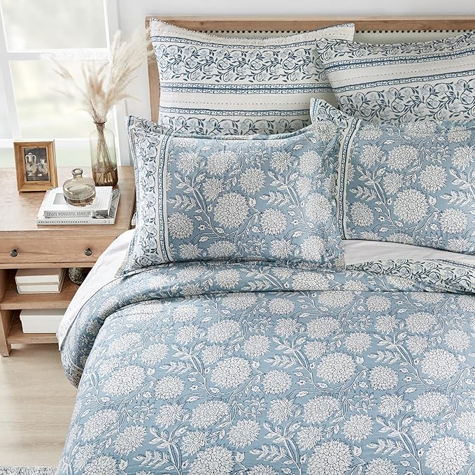 Levtex Home Adare Blue Reversible King Duvet Cover Set (106x94in) with 2 Pillowcases (36x20in) - Floral Bedding - Blue and White - Cotton King Size Duvet Cover Set - Soft, Pre-Washed