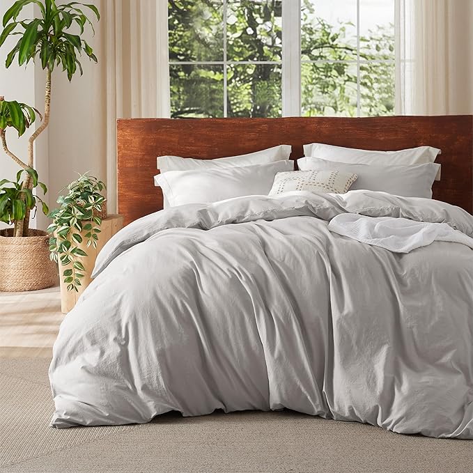 Bedsure 100% Washed Cotton Duvet Cover King - Light Grey Minimalist Cotton Duvet Cover Linen Like for All Seasons - GentleSoft™ Plain Simple Bedding (King, 104"x90")