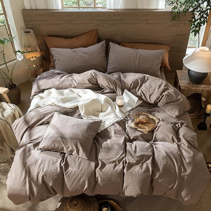 MooMee Wavy Striped Duvet Cover Set 100% Washed Cotton Linen Like Textured Breathable Durable Soft Comfy (Brown, Queen 90"x90")