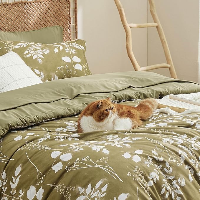 Bedsure King Size Comforter Set - 7 Pieces Floral Olive Green Soft Bedding Sets, King Bed in a Bag with Botanical Flowers Comforter, Sheets, Pillowcases & Shams