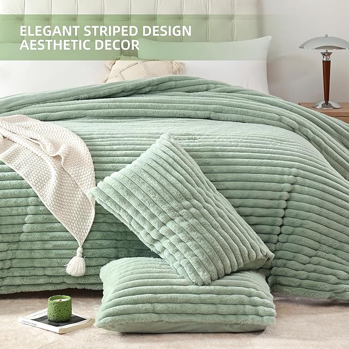 Smoofy Fluffy King Size Comforter Set 3 Pieces - Sage Green Fleece Fluffy Comforter Set, Luxury Fuzzy King Bedding Set, Soft King Bed Set All Season, Heavy Faux Fur Comforter with 2 Pillow Cases