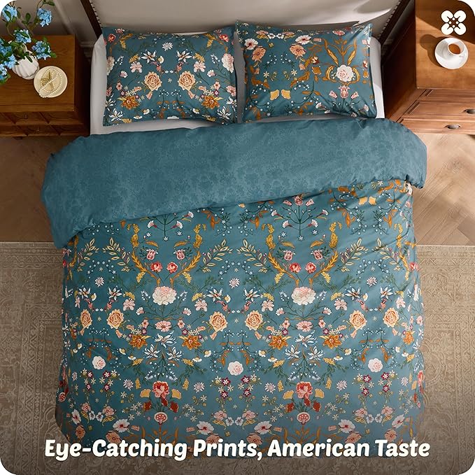 Bedsure 100% Cotton Reversible Floral Duvet Cover King Size - Botanical Shabby Chic Printed Comforter Cover with Zipper Closure & 2 Pillow Shams, No Comforter (Vintage Teal Floral 104"x90")