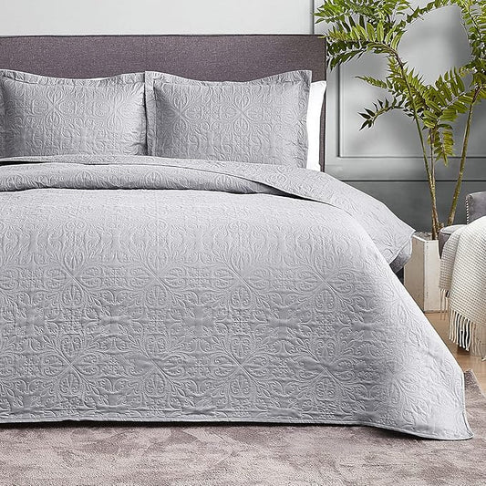 Hansleep Grey Quilt Twin Size - Baroque Ultrasonic All Season Bedspread Twin, Soft Lightweight Coverlet Bedding Set, 2 Pieces (1 Quilt, 1 Pillow Sham)