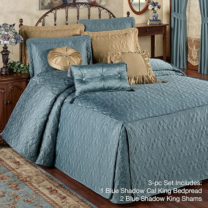 Cambridge Classic Luxury Bedding | Blue Shadow Solid Color Polyester Satin | Elaborate Damask Quilting | Fitted, Oversized 24 Inch Drop | 3 Piece Bed Set Includes Cal King Bedspread & 2 King Shams