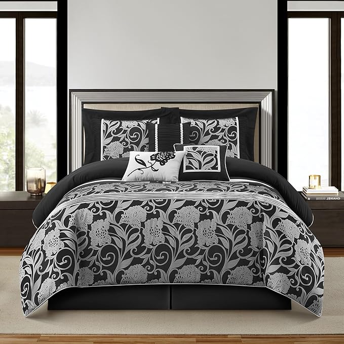 Grand Avenue Black Sliver Comforter Set Queen Size, 7 Piece Jacquard Floral Bedding Set, All Season, Ultra-Soft, Matching Pillows & Shams, Bed Skirt