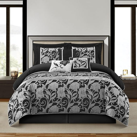 Grand Avenue Black Sliver Comforter Set King Size, 7 Piece Jacquard Floral Bedding Set, All Season, Ultra-Soft, Matching Pillows & Shams, Bed Skirt
