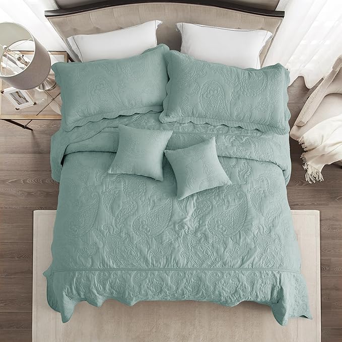 HZ & HY Queen Size Bedspread, Quilted Coverlet Bedding Set, Lightweight Thin Comforter, Reversible, Luxurious, 5 Piece, 100% Microfiber, Queen, Aqua Sky
