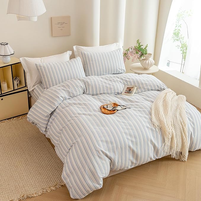 ECOCOTT Striped Duvet Cover King Size -100% Washed Cotton Linen Like Textured Breathable Durable Soft Comfy Bedding Set with Zipper Closure & Corner Ties