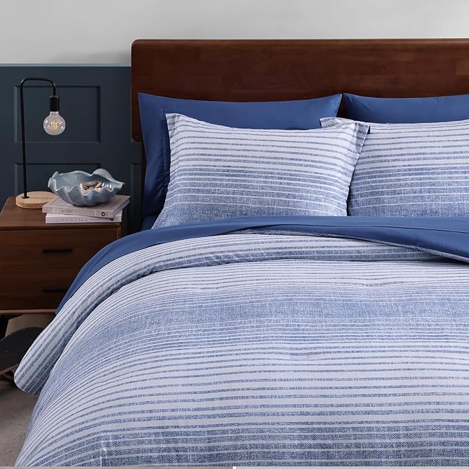 Queen Comforter Set Striped, Ocean Blue Coastal Bedding Set 7 Pieces for Boys Girls Teen, All Season Bed in a Bag with Sheets, Pillowcases & Shams