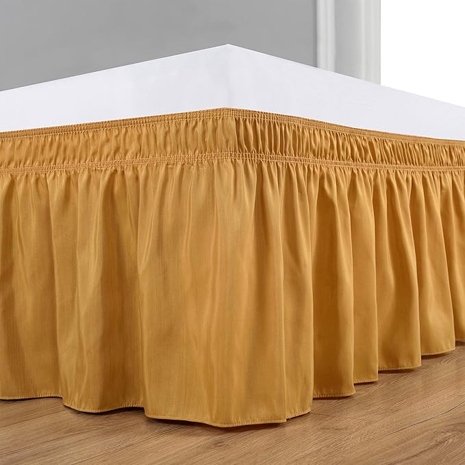 Wrap Around Bed Skirts Elastic Dust Ruffles, Easy Fit Wrinkle and Fade Resistant Silky Microfiber Fabric Solid Color Bedskirt, 12 Inch Tailored Drop Gold for Full XXL Size Bed Skirt