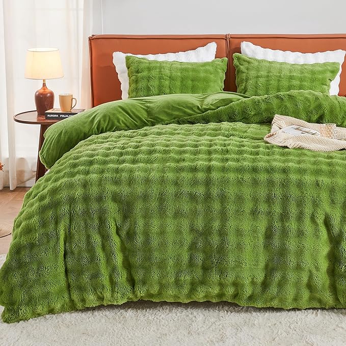 EMME Faux Fur Duvet Cover Twin Size, 2 Pieces Ultra Soft Fluffy Comforter Cover, Cozy Warm for Winter, Luxury Elegant Shaggy Bubble Design Bedding, 1 Duvet Cover & 1 Pillow Shams (Twin, Green)
