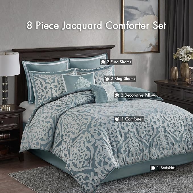 Madison Park Odette Cozy Comforter Set Jacquard Damask Medallion Design - Modern All Season, Down Alternative Bedding, Shams, Decorative Pillows, Queen(90 in x 90 in), Aqua