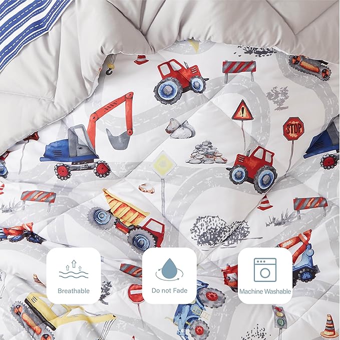Truck Twin Comforter Set for Boys, 5 Pieces Kids Bedroom Bedding Set with Sheets and Pillowcase, Super Soft Lightweight for All Seasons, Car, Machine Washable