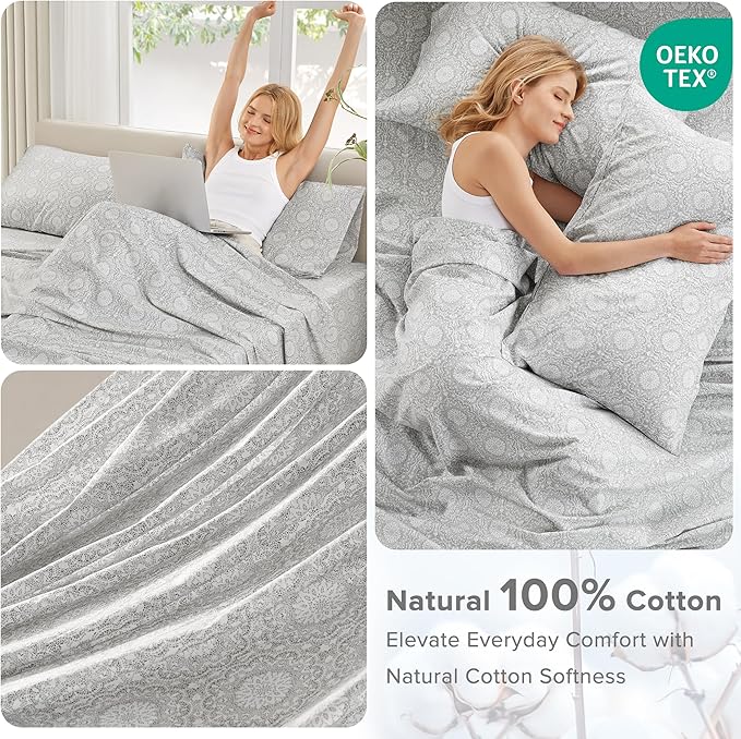 Comfort Spaces Extra Deep Pocket, 100% Cotton King Fits up to 24" Mattress, Breathable, Naturally Cool, Soft, All Seasons Sheet Set, Adelia Grey 4 Piece