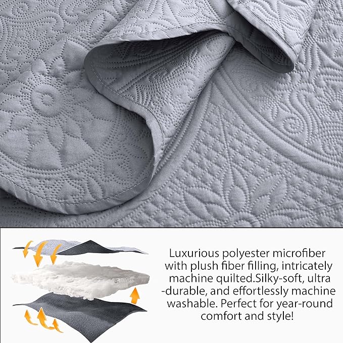 MOONLIGHT20015 Twin Quilt Bedding Set Size (66" x 86 ") + 1 Pillow Shams (20" x 26" + 2") - 2 Pcs All Season Lightweight Reversible Microfiber Coverlet Floral Embossed Quilt Bedspread (Silver)