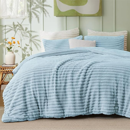 Bedsure Queen Comforter Set - GentleSoft™ 3 Pieces Fluffy Double-Side Fleece Comforter Set, Cozy Striped Room Decor Aesthetic, Luxury Light Blue Bedding Queen Size with 2 Pillowcases, 90x90 Inches