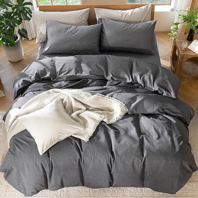 MooMee Bedding Duvet Cover Set 100% Washed Cotton Linen Like Textured Breathable Durable Soft Comfy (Heathered Dark Grey, Cal King 104"x98")