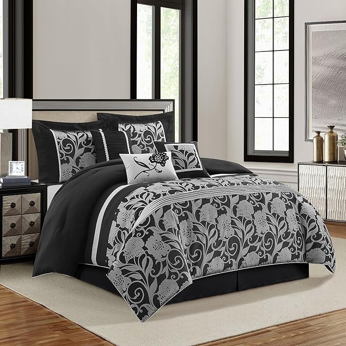 Grand Avenue Black Sliver Comforter Set Queen Size, 7 Piece Jacquard Floral Bedding Set, All Season, Ultra-Soft, Matching Pillows & Shams, Bed Skirt
