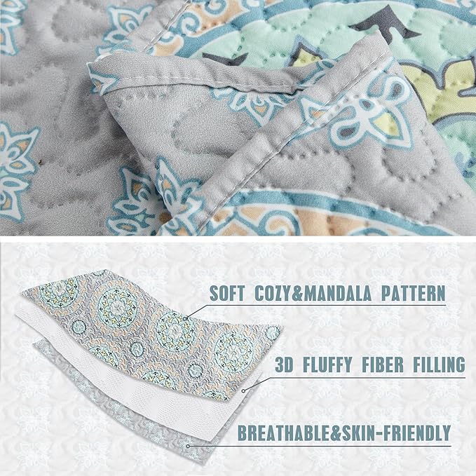 CHIXIN Boho Quilt Queen Size - Bohemian Chic Medallion Design - Lightweight Bedspread Coverlet Set, Ultrasonic Quilting Mandala Bedding Cover for All Season, 3 Piece, Aqua Blue