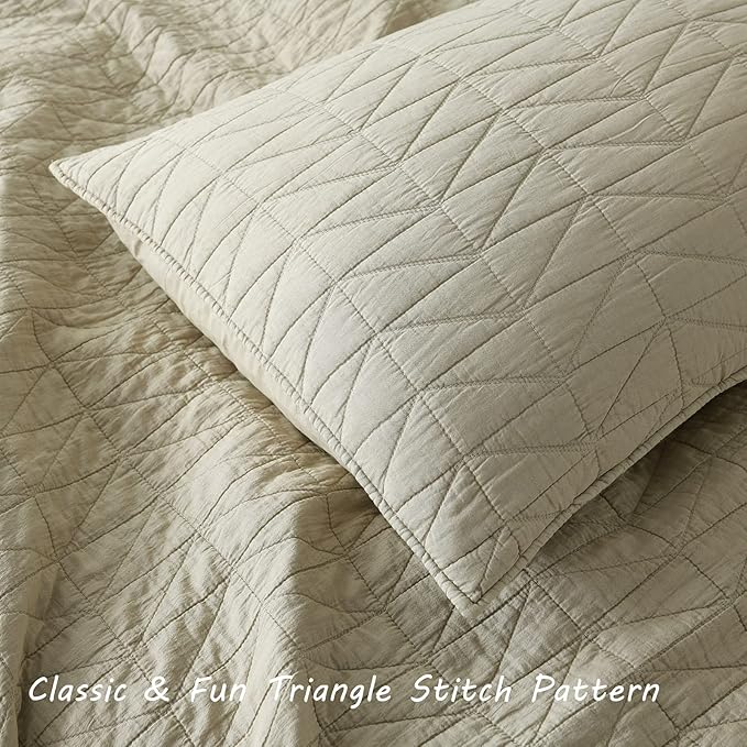 HORIMOTE HOME Quilt Set Queen Size, Stone-Washed Chic Rustic Beige Coverlet with Classic Triangle Stitched Pattern, Ultra Soft Lightweight Quilted Bedspread for All Season, 3 Pieces