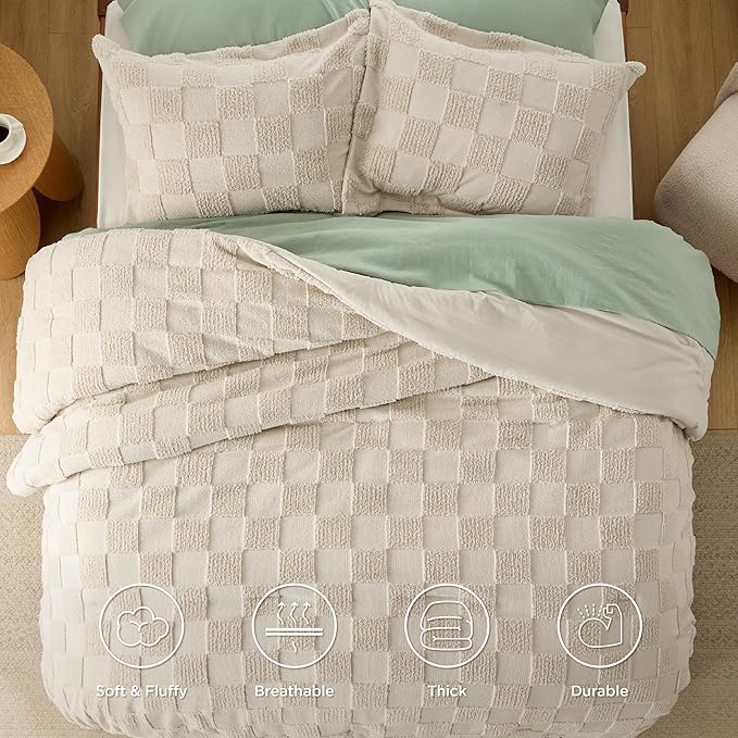 Bedsure Queen Size Comforter Set Olive Green, Boho Tufted Bed Set, Checkered Farmhouse Shabby Chic Bedding, 3 Pieces, 1 Plaid Geometric Comforter and 2 Pillow Shams
