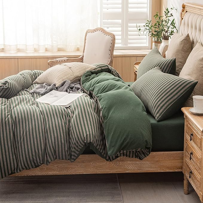 PURE ERA Forest Green Stripe Jersey Duvet Cover Set King Size 100% T-Shirt Heather Cotton Super Soft Comfy Classic Striped Design, with Zipper Closure