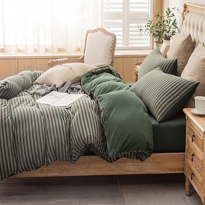 PURE ERA Jersey Knit Duvet Cover Set 100% T-Shirt Heather Cotton Super Soft Comfy Classic Striped Design, with Zipper Closure, Forest Green Stripe, Twin