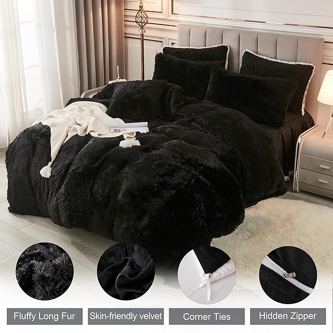 annadaif Plush Black Duvet Cover Queen, Fluffy Soft Faux Fur Velvet Comforter Cover, Luxury Fuzzy Shaggy Bedding Sets 3 Pieces(1 Duvet Cover,2 Pillowcases), Zipper Closure