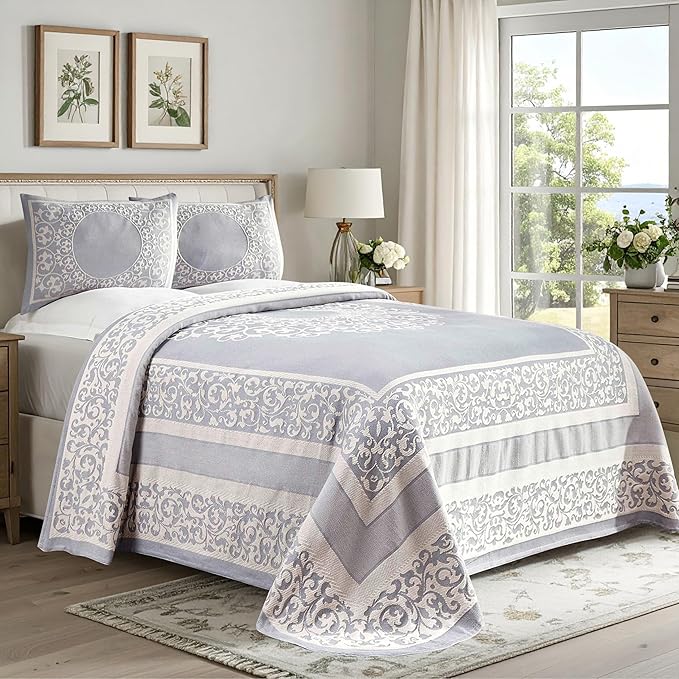 SUPERIOR Cotton Blend Bedspread Set, Includes Oversized Bedspread and 2 Matching Pillow Shams, Light Weight Blanket, Bedding Decor, Jacquard Vintage Floral Mandala, Lyron Collection - Twin, Slate Blue