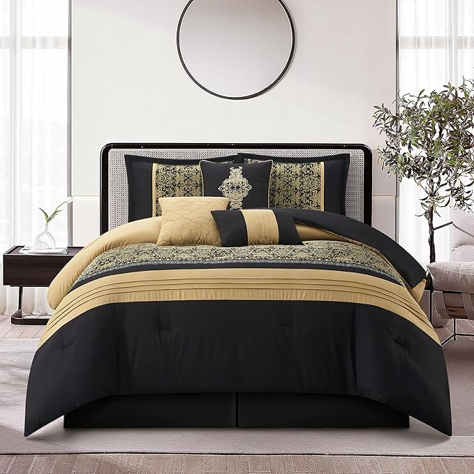 Grand Avenue Black Gold Comforter Set King Size, 7 Piece, Damask Jacquard Home Decor, Matcking Bed Skirt, Pillows & Shams, All Season Bedding Set