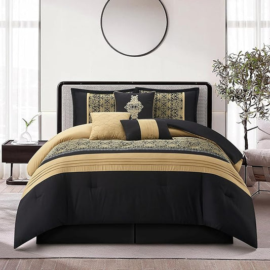 Grand Avenue Black Gold Comforter Set King Size, 7 Piece, Damask Jacquard Home Decor, Matcking Bed Skirt, Pillows & Shams, All Season Bedding Set