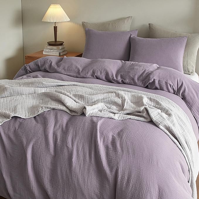 SE SOFTEXLY Muslin Duvet Cover Queen Size, 100% Washed Cotton Duvet Cover Set, Ultra Soft Comforter Cover Linen Like, 3 Pieces Minimalist Gauze Duvet Cover with 2 Pillowcases, 90"x90", Purple Grey