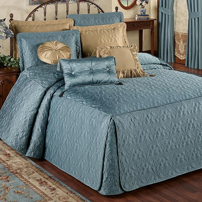 Cambridge Classic Luxury Bedding | Blue Shadow Solid Color Polyester Satin | Elaborate Damask Quilting | Generous 21 Inch Drop | 3 Piece Bed Set Includes Oversized Full Bedspread & 2 Standard Shams